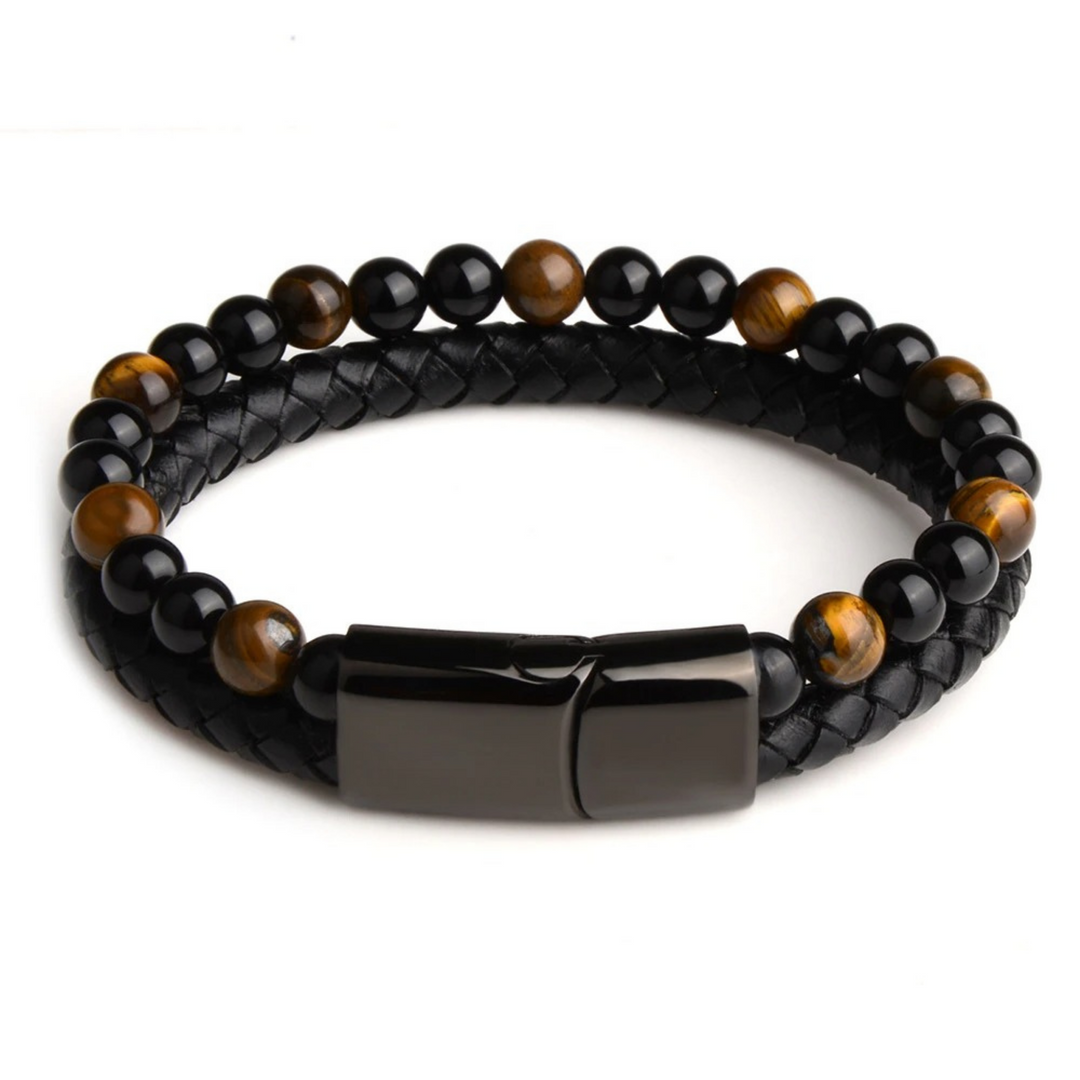 Tigers Eye Bead And Leather Bracelet - ManfulCo