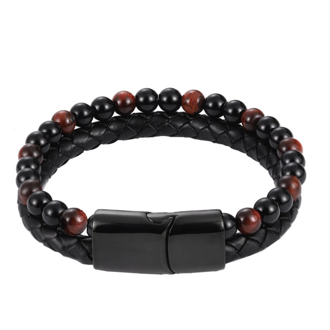 Red Tigers Eye Bead And Leather Bracelet - ManfulCo