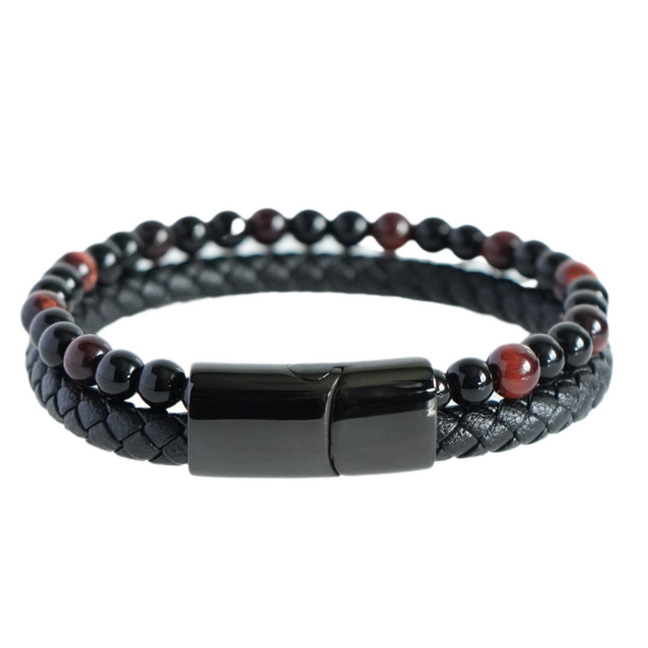 Red Tigers Eye Bead And Leather Bracelet - Manful