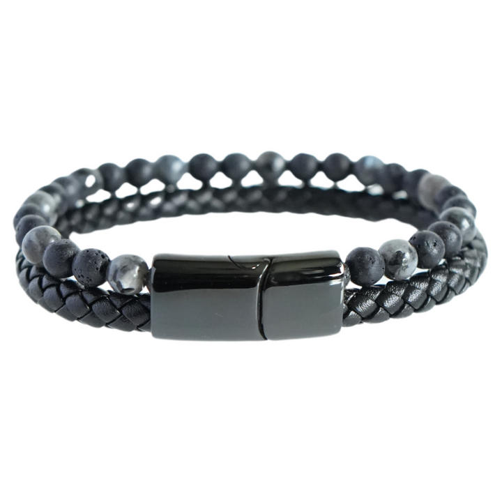 Charcoal Bead And Leather Bracelet - Manful