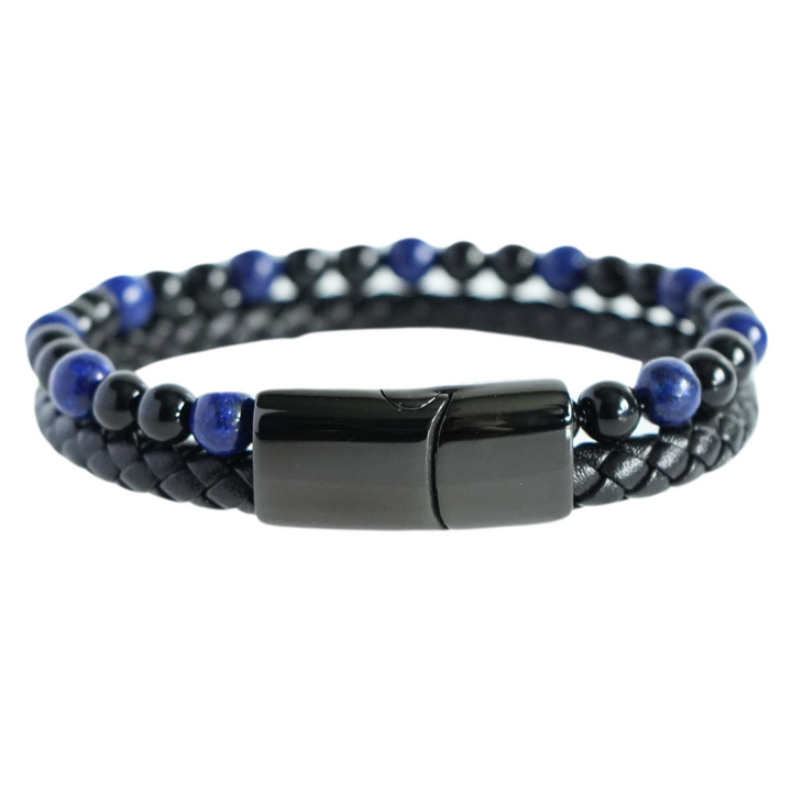 Lapis And Onyx Bead Leather Bracelet - Manful