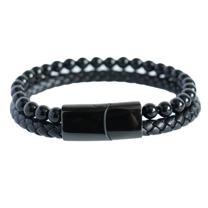Onyx Bead And Leather Bracelet - Manful