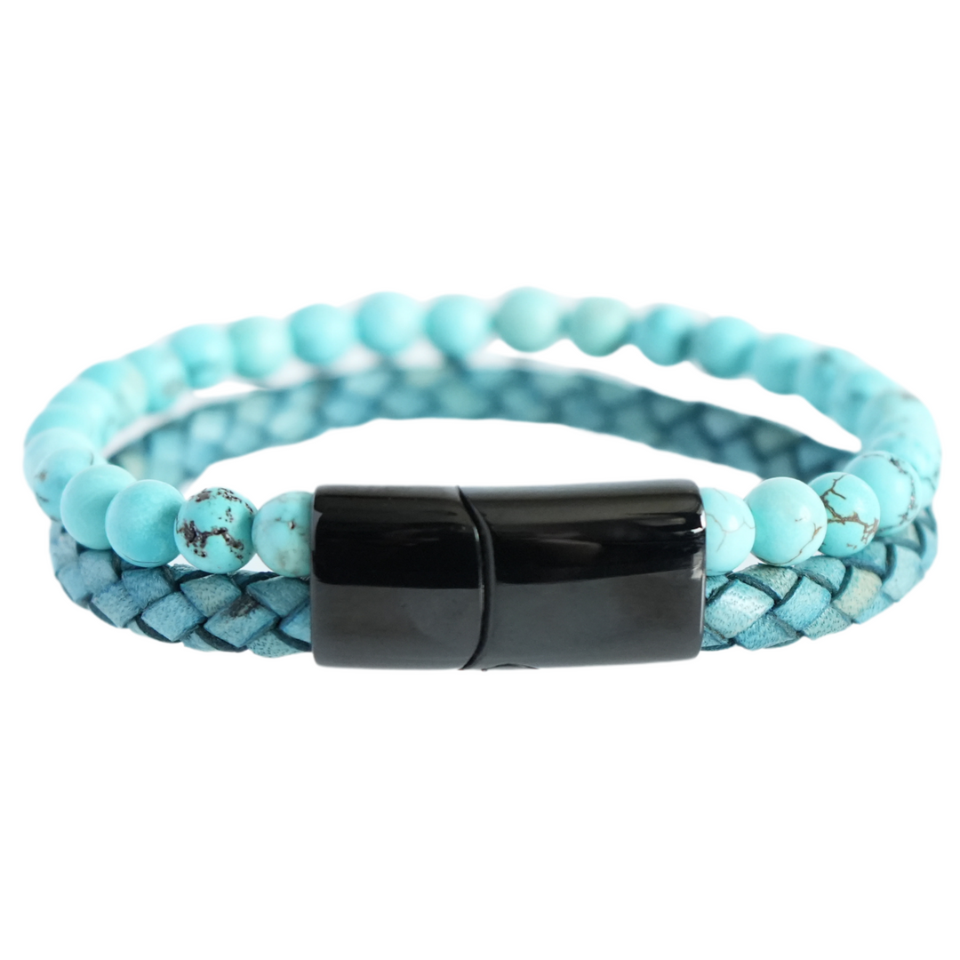 Aqua Bead And Leather Bracelet - Manful