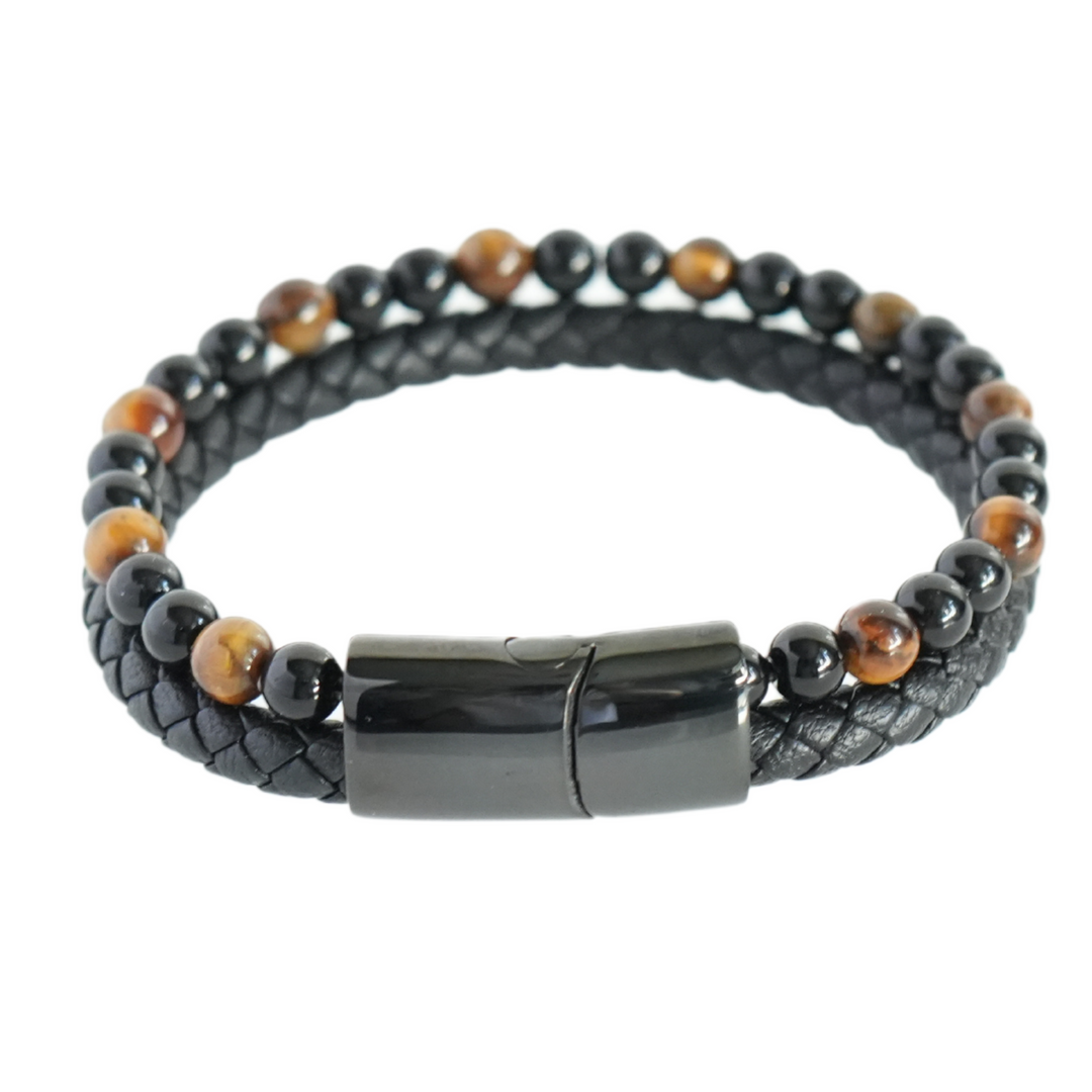 Tigers Eye Bead And Leather Bracelet - Manful