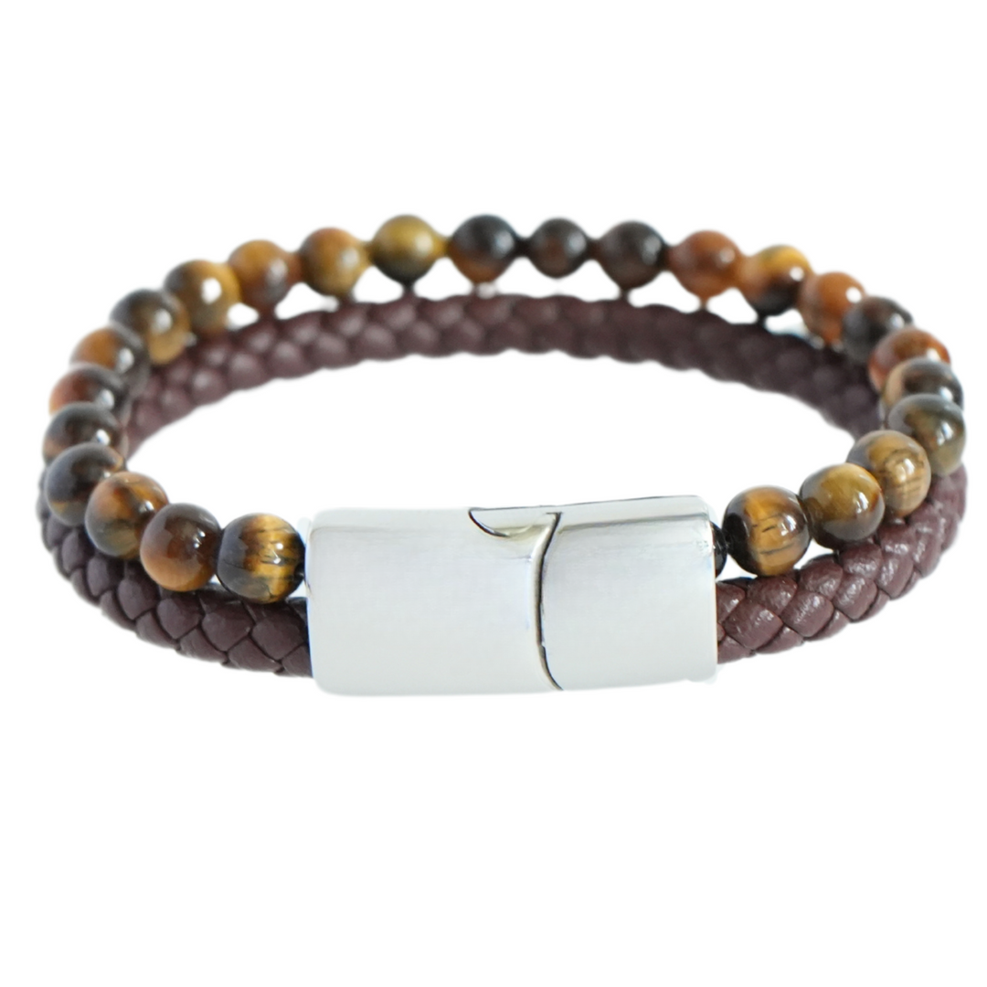 Tigers Eye Bead And Leather Bracelet Silver - Manful