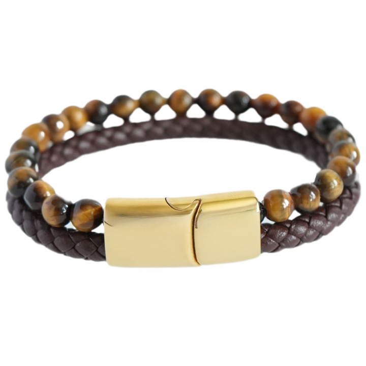Tigers Eye Bead And Leather Bracelet Gold - Manful