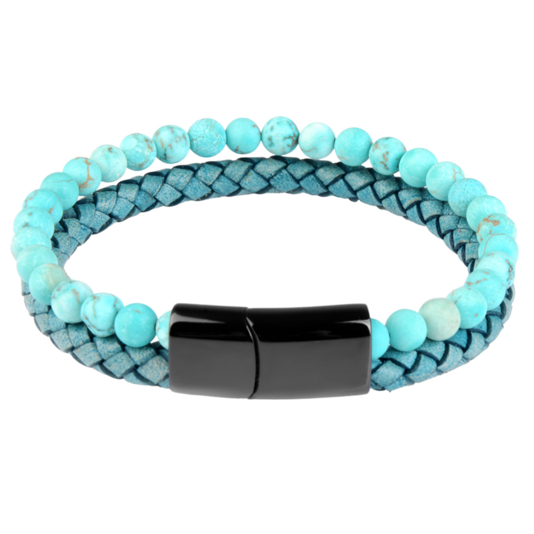 Aqua Bead And Leather Bracelet - ManfulCo