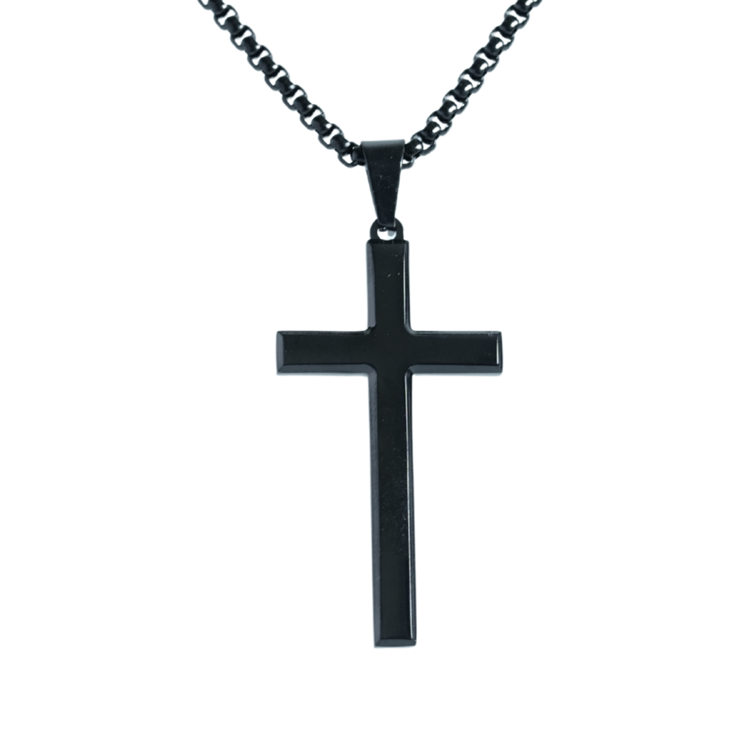 Black stainless-steel cross pendant on black chain.
