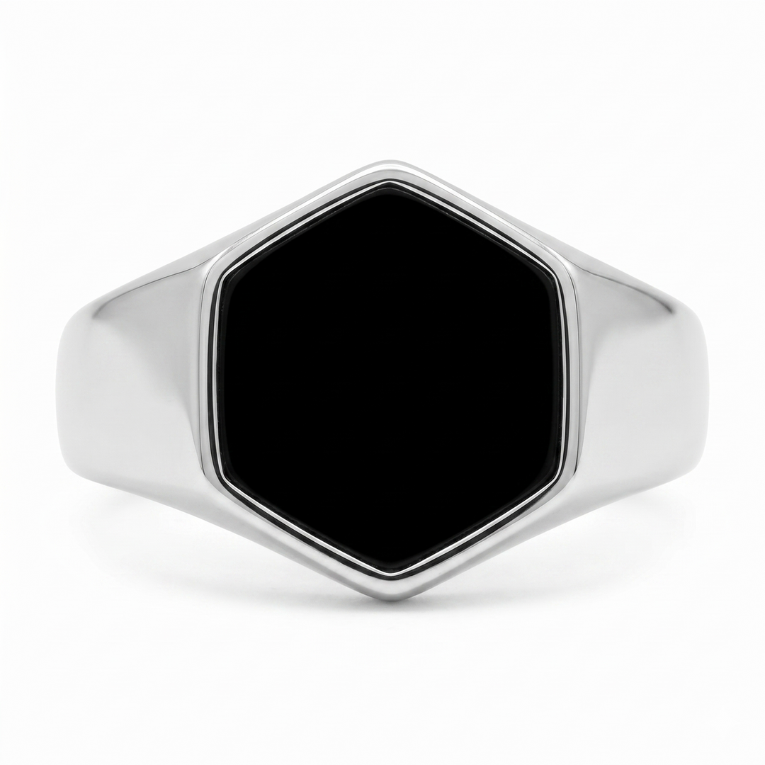 Onyx Silver Hexagon Signet Ring - Manful