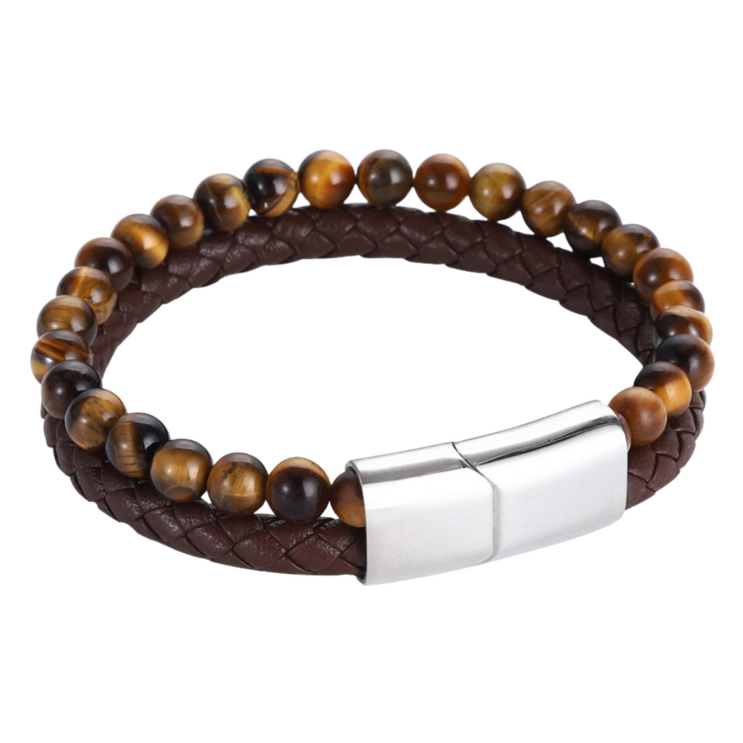 Tigers Eye Bead And Leather Bracelet Silver - ManfulCo