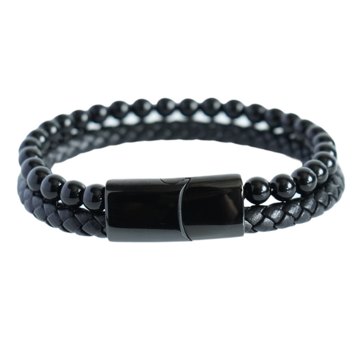 Onyx Bead And Leather Bracelet