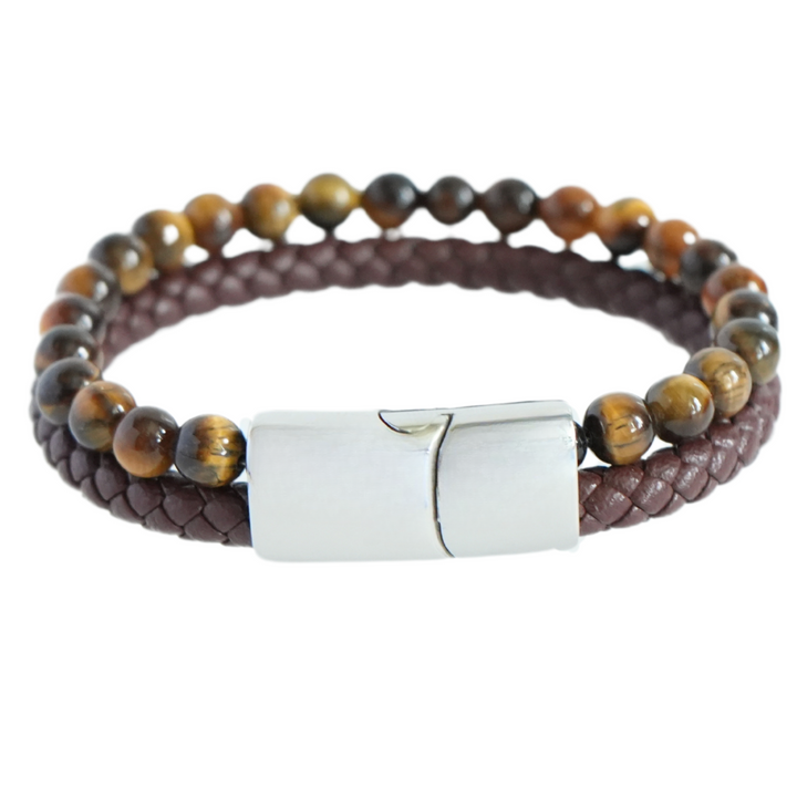 Tigers Eye Bead And Leather Bracelet Silver