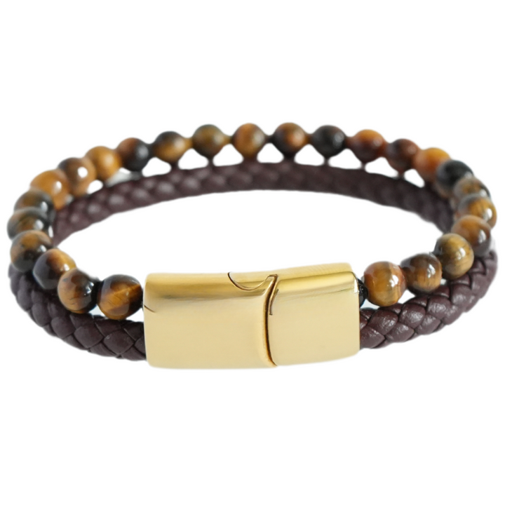 Tigers Eye Bead And Leather Bracelet Gold