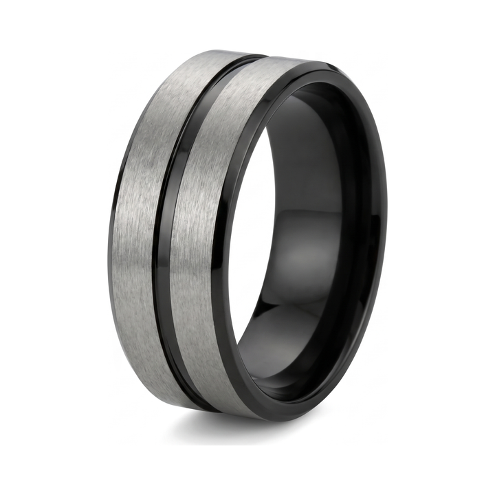 Black Onyx and Silver Band, isolated on a white background showing the black and brushed-silver two-tone finish