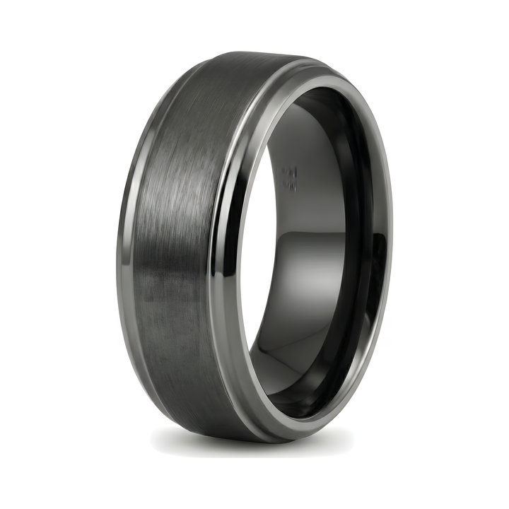 Brushed Tungsten Band Gunmetal, isolated on white showing the brushed centre and polished bevelled edges