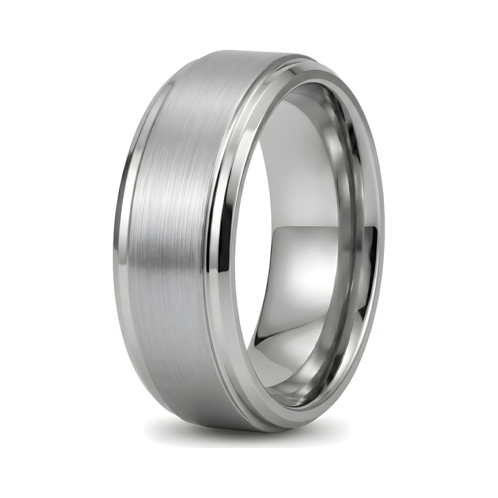 Brushed Tungsten Band Silver, isolated on white, angled hero shot