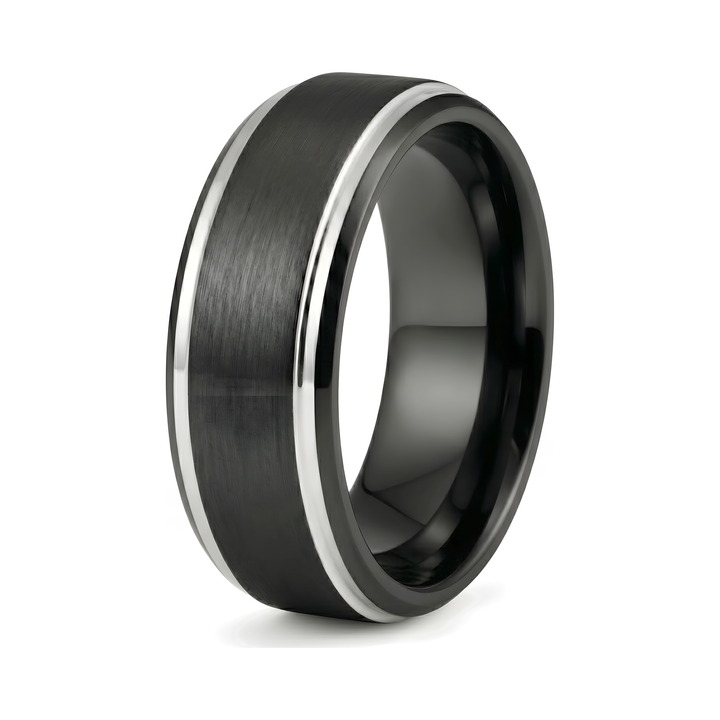 Brushed Tungsten Black & Silver Band, isolated on a white background at an angle showing the silver edge trim