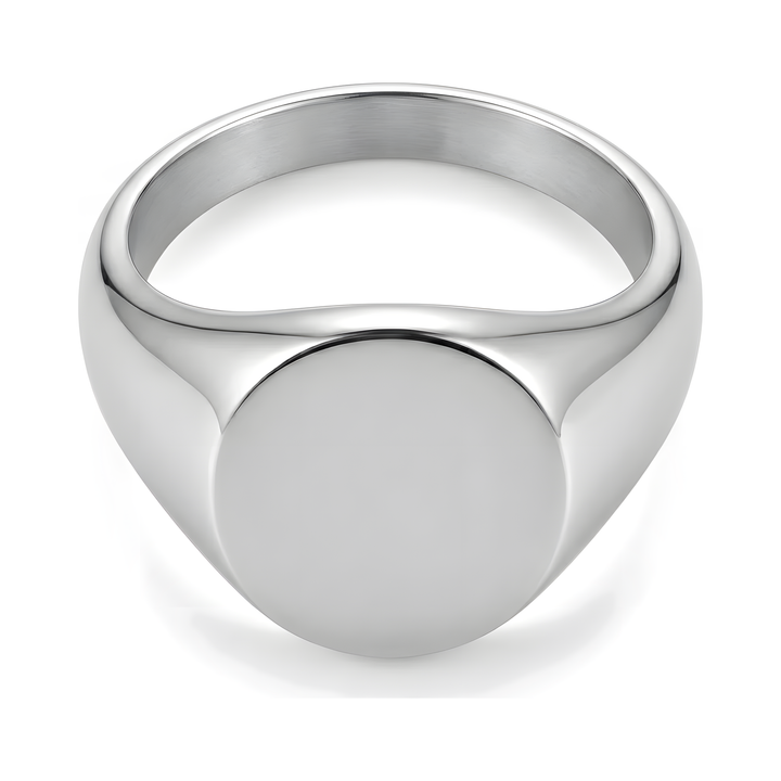 Classic Silver Signet Ring, isolated on a white background, angled view of the plain oval face