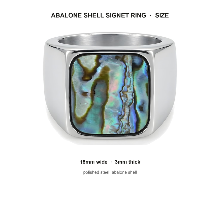 Abalone Shell Signet Ring size guide: 18mm wide, 3mm thick, polished steel, abalone shell