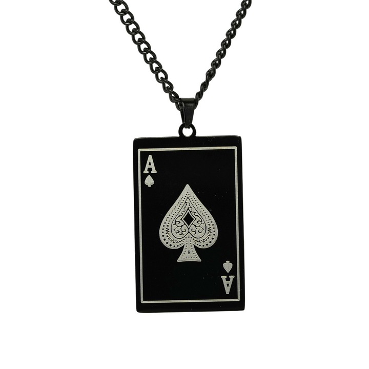 Ace Of Spades Pendant Black, isolated on a white background hanging from its curb chain
