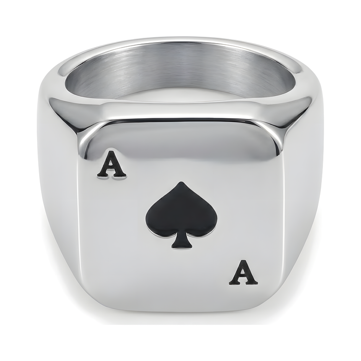 Ace Of Spades Signet Ring, isolated on a white background showing the ace of spades face