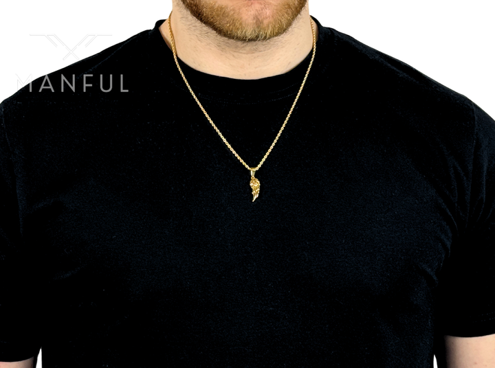Angel Wing Pendant Necklace Gold, worn around a man's neck over a black t-shirt
