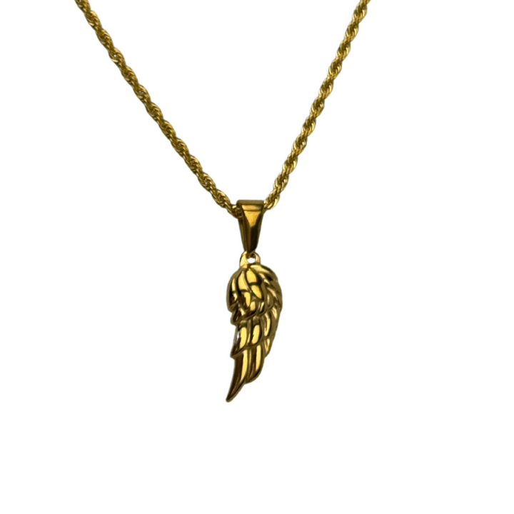 Angel Wing Pendant Necklace Gold, isolated on a white background hanging from its rope chain