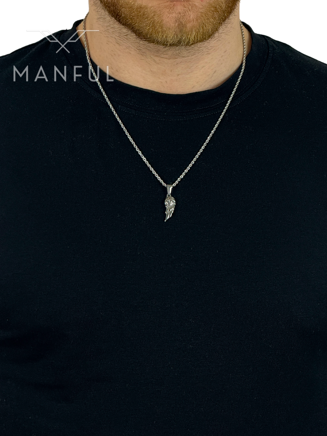Angel Wing Pendant Necklace Silver, worn on a man's neck over a black t-shirt