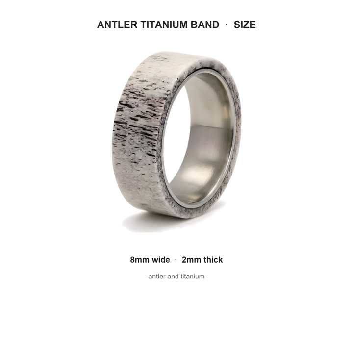 Antler & Titanium Band size guide: 8mm wide, 2mm thick, antler and titanium