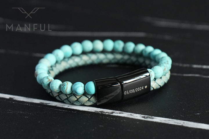 Aqua Bead And Leather Bracelet, close-up of the clasp engraved with a date and a heart icon
