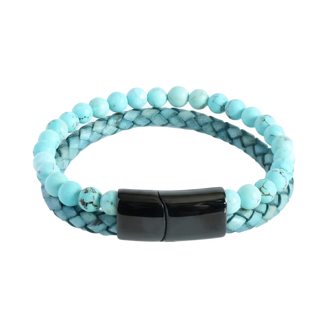 Aqua Bead And Leather Bracelet