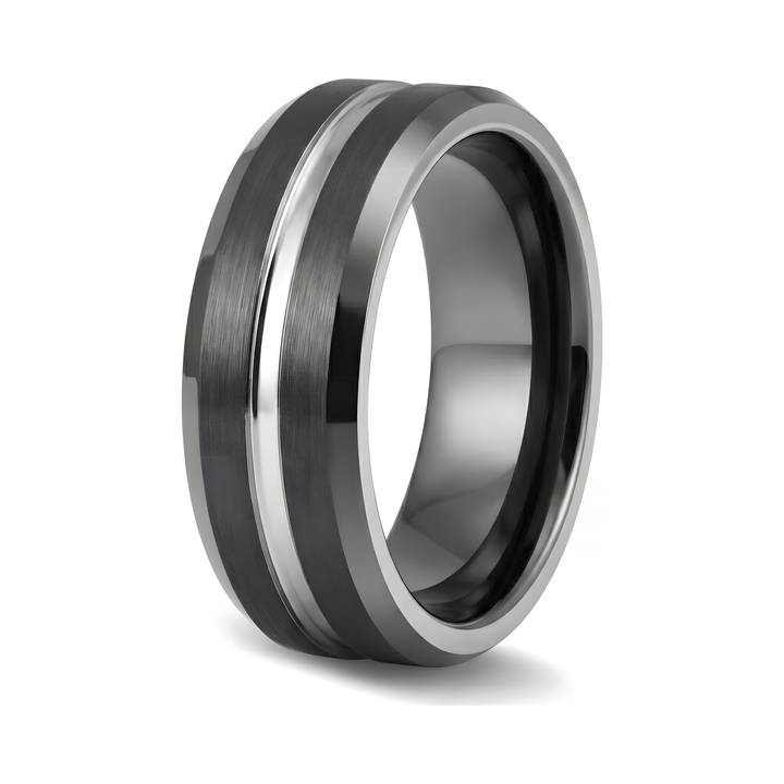 Black and Silver Tungsten Ring, isolated on white showing the black groove and silver bevelled edges