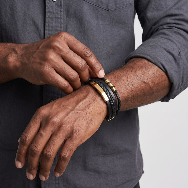 Black & Gold Leather Bracelet on a man's wrist as he adjusts it with his other hand