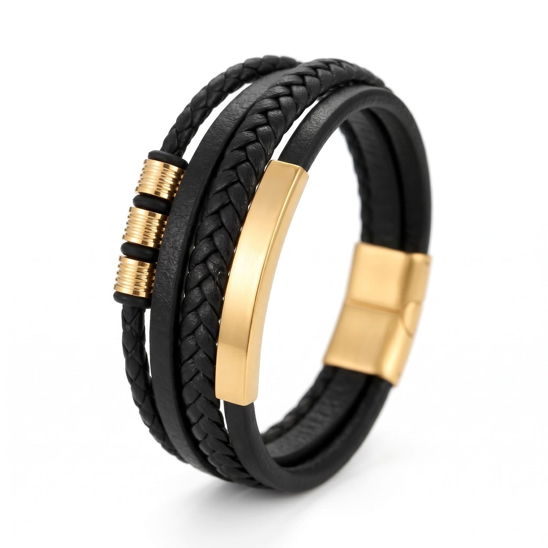 Black & Gold Leather Bracelet standing upright with the curved gold bar, braided strands and gold beads in view