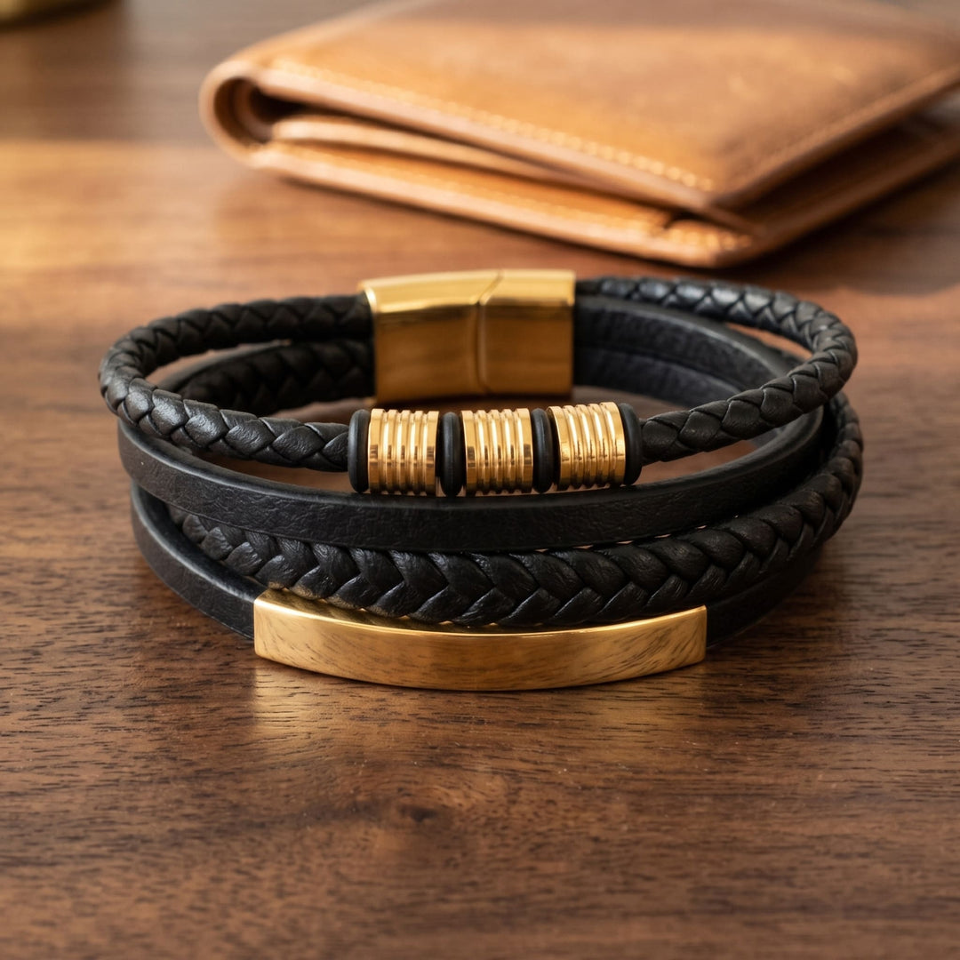 Black & Gold Leather Bracelet on a walnut desk with a tan leather wallet behind
