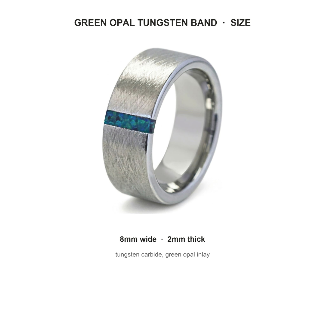 Black & Green Opal Line Tungsten Band size guide: 8mm wide, 2mm thick, tungsten carbide, green opal inlay