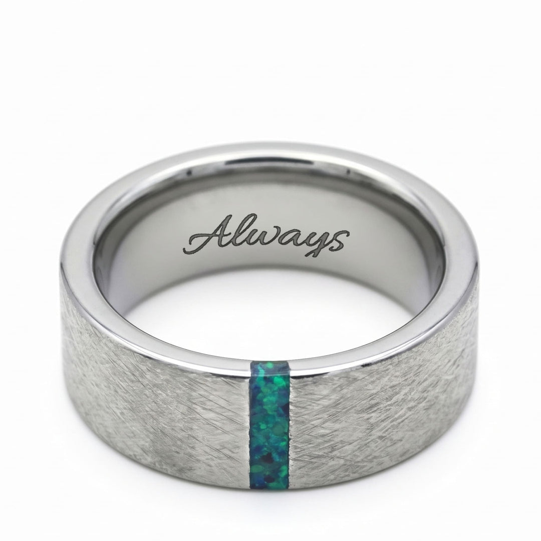 Black & Green Opal Line Tungsten Band engraving example: Always engraved inside the band in script