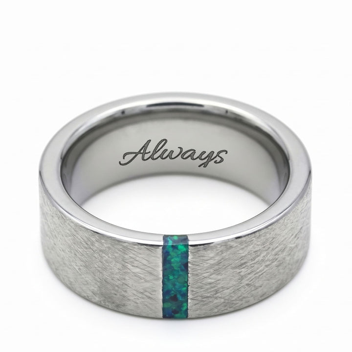 Black & Green Opal Line Tungsten Band engraving example: Always engraved inside the band in script