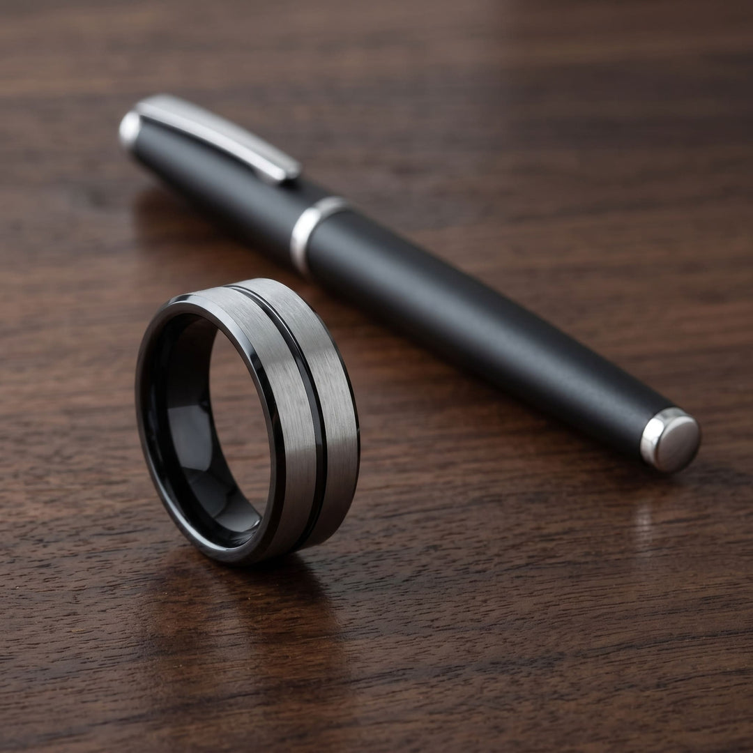 Black Onyx and Silver Band on a walnut desk beside a black pen