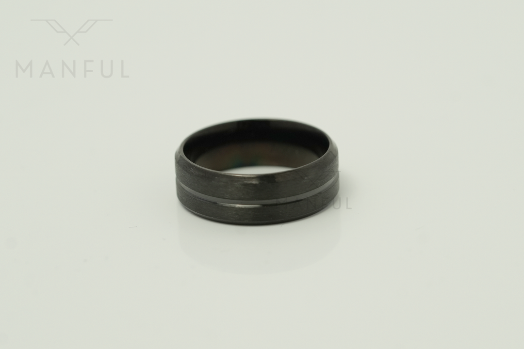 Black Onyx Band, close up on a plain light background showing the ring's grooved profile