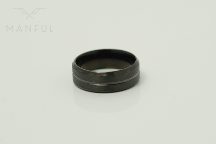 Black Onyx Band, close up on a plain light background showing the ring's grooved profile
