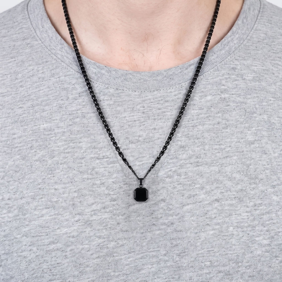 Onyx Square Necklace (Black) on a man's chest over a grey t-shirt