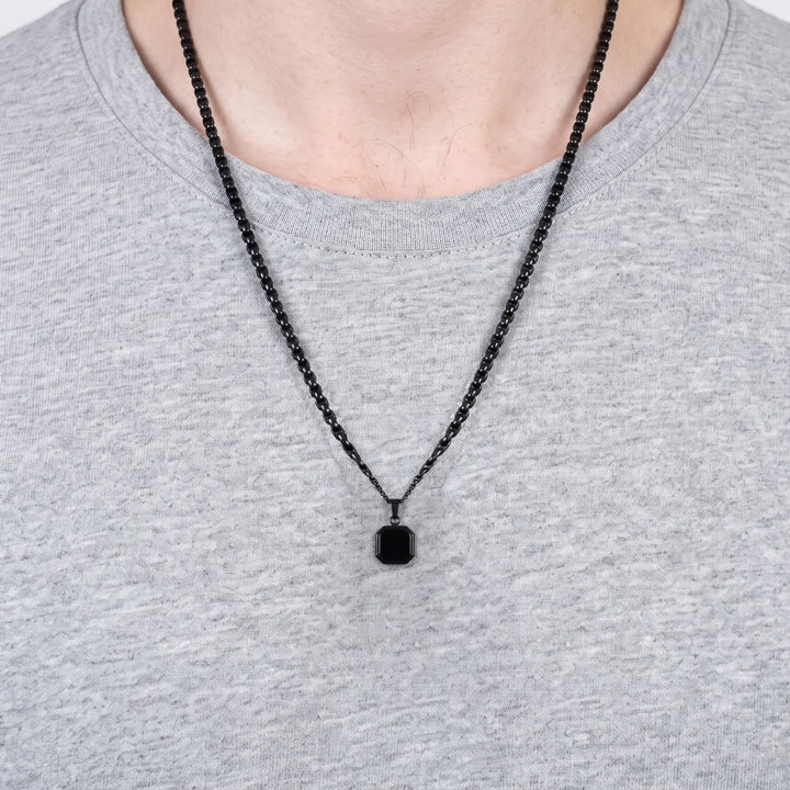 Onyx Square Necklace (Black) on a man's chest over a grey t-shirt