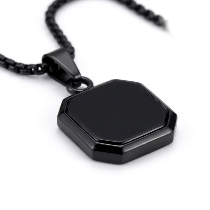 Onyx Square Necklace (Black), close-up of the glossy face, stepped black bezel and bail