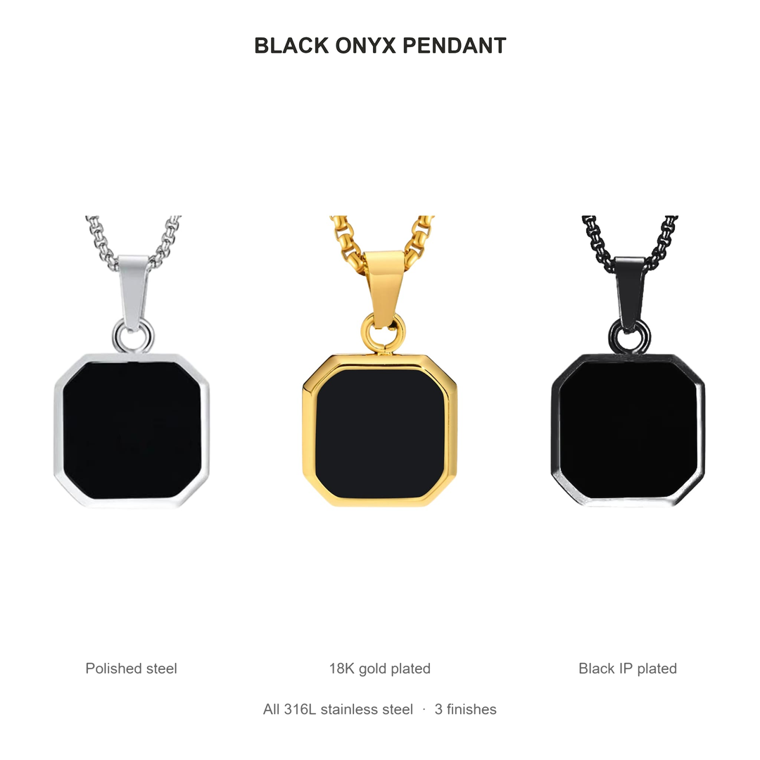 Onyx Square Necklace (Black) finishes: Polished steel, 18K gold plated and Black IP plated