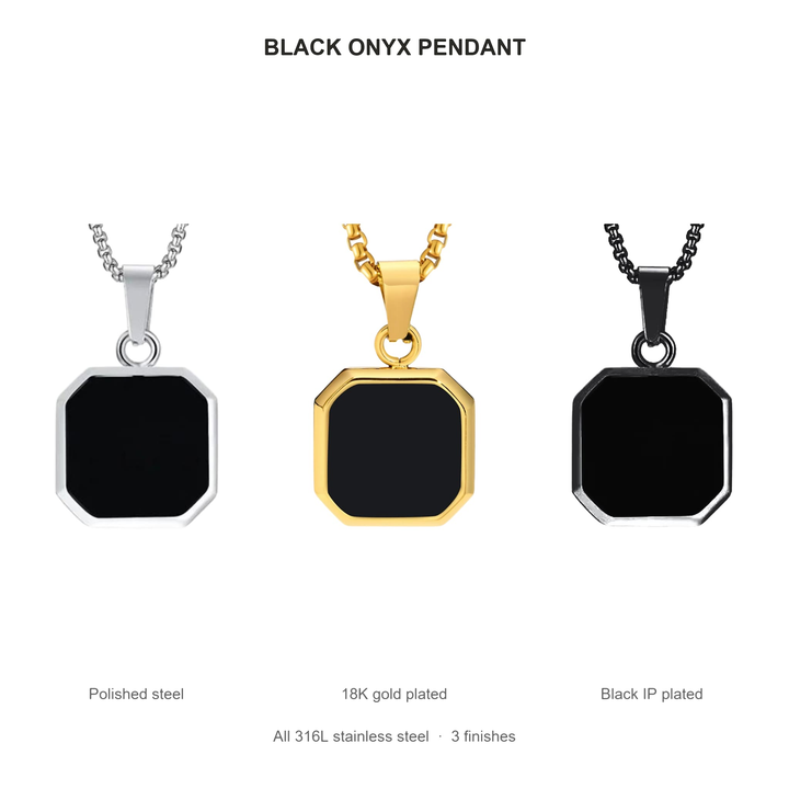 Onyx Square Necklace (Black) finishes: Polished steel, 18K gold plated and Black IP plated