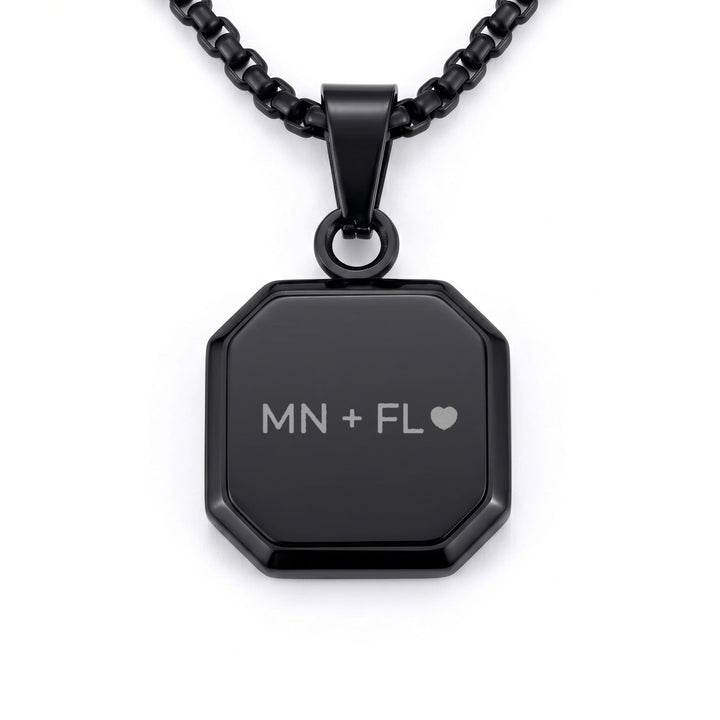 Onyx Square Necklace (Black) engraving example: MN + FL with a heart on the black back