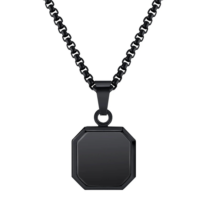 Onyx Square Necklace Black, isolated on a white background, full pendant and chain