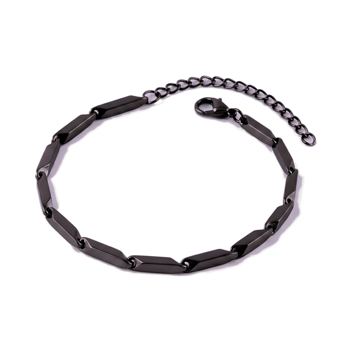 Block Chain Bracelet Black, isolated on white in a circular flat lay showing the clasp