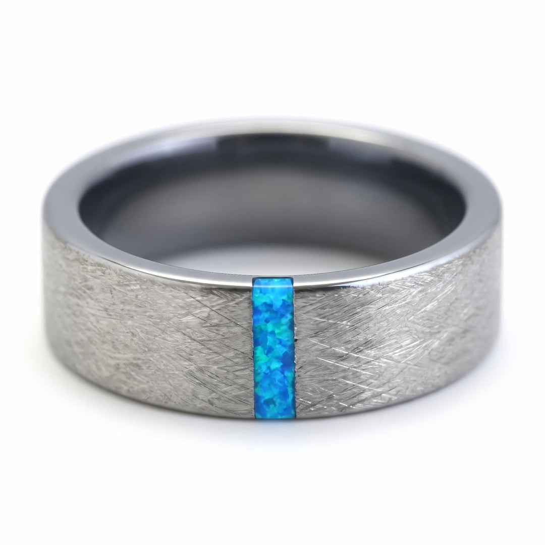 Azure Opal Line Tungsten Band, a close view of the blue opal strip and crosshatch brushing